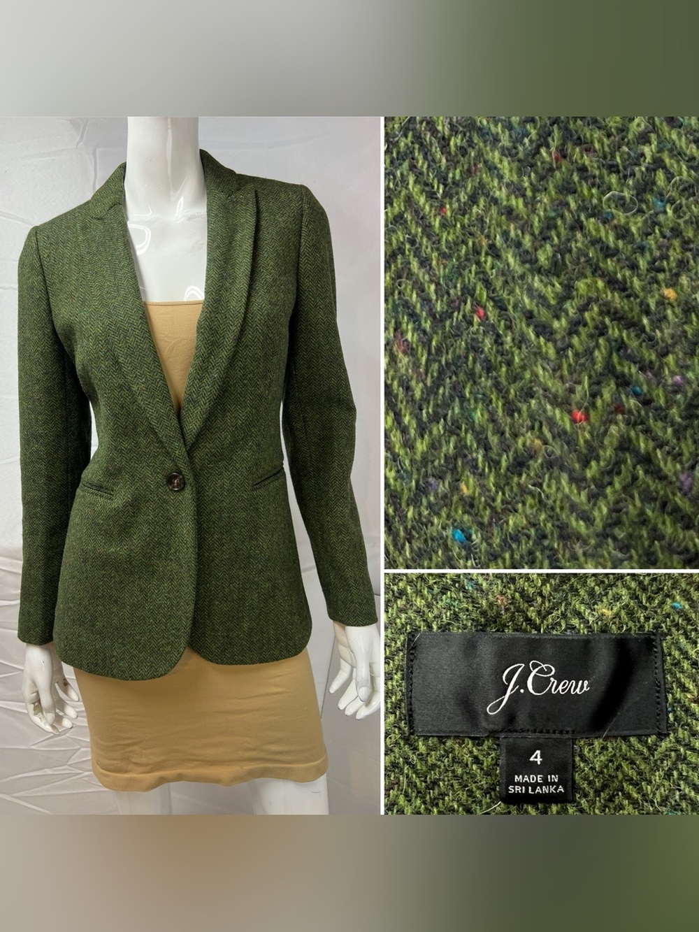 J. Crew Women’s 4 Green Herringbone Tweed Wool Parke Flecked Blazer Jacket